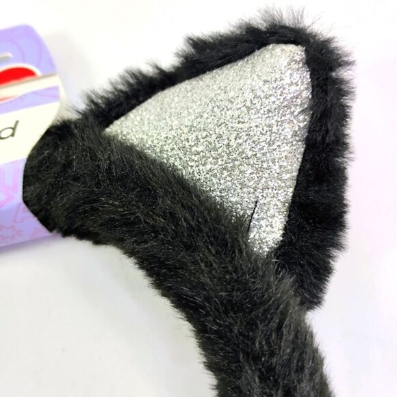 Cat ears Headband Black faux fur with Silver Glitter Ears Cosplay - Picture 2 of 11